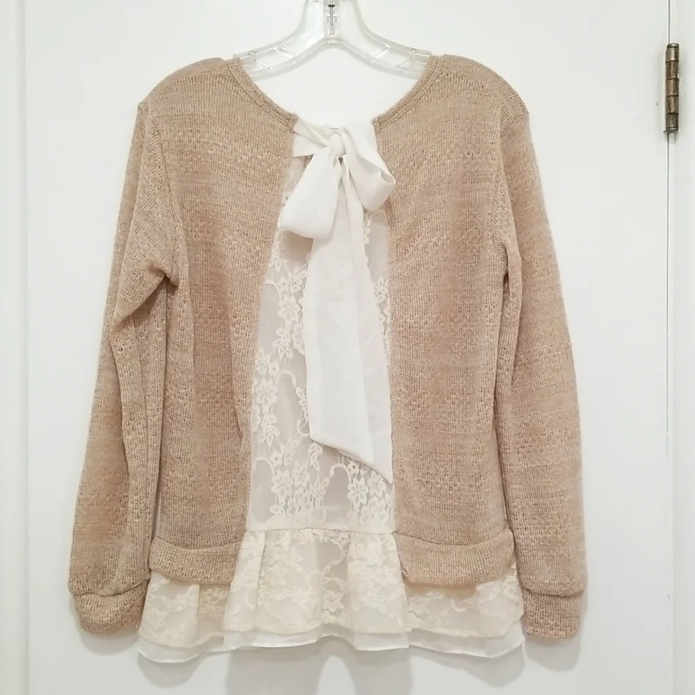Clu + Willoughby Oatmeal Lace Layered Boho Cottagecore Blouse Size S - Picture 7 of 9